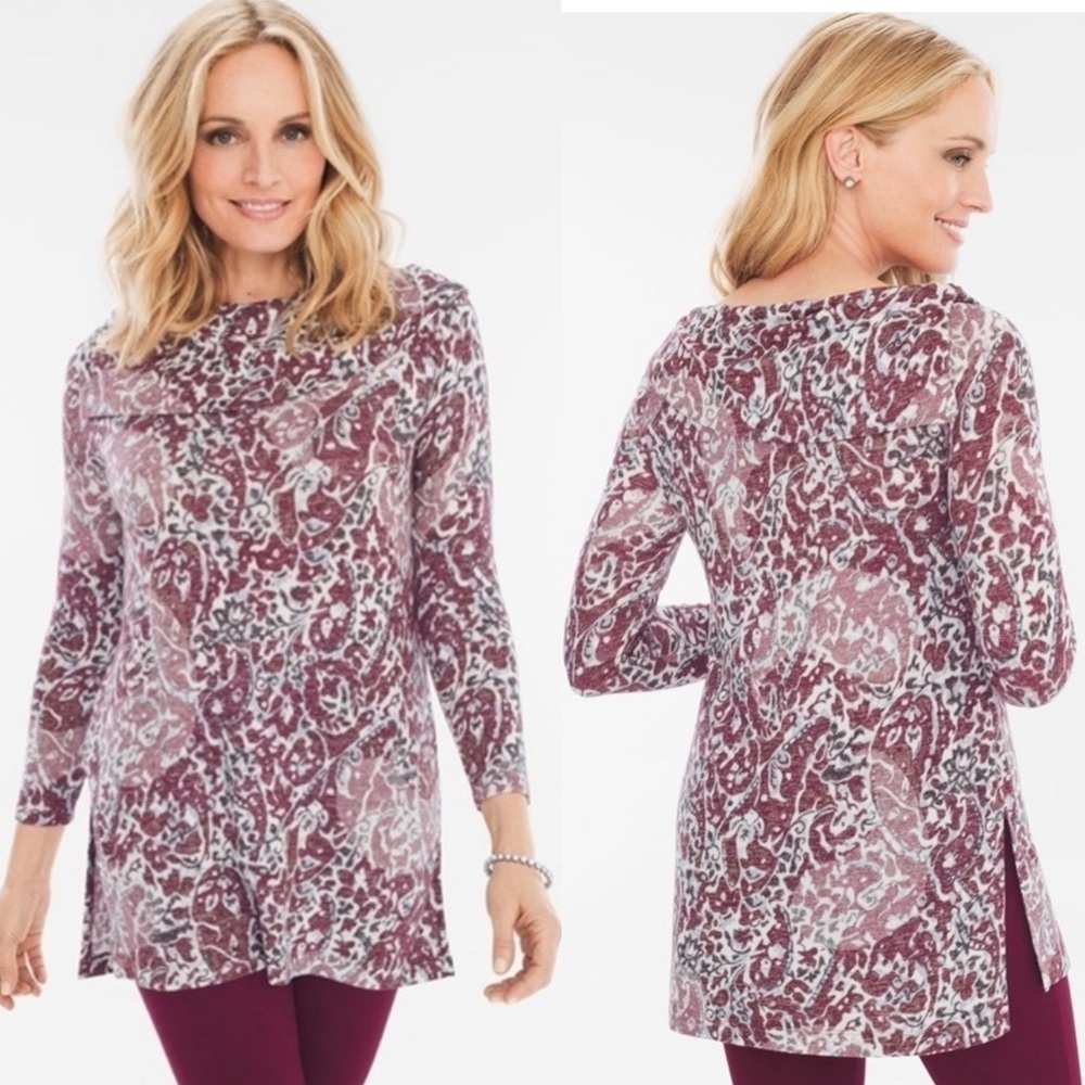 Zenergy by Chico’s Cozy Print Pullover damask Sweater Tunic Top XL Regal Ruby